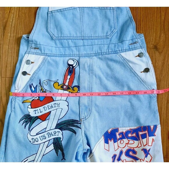 Vintage 90s Mastik Painted Denim Overalls Shorts Shortalls Women Size M USA - Picture 8 of 13